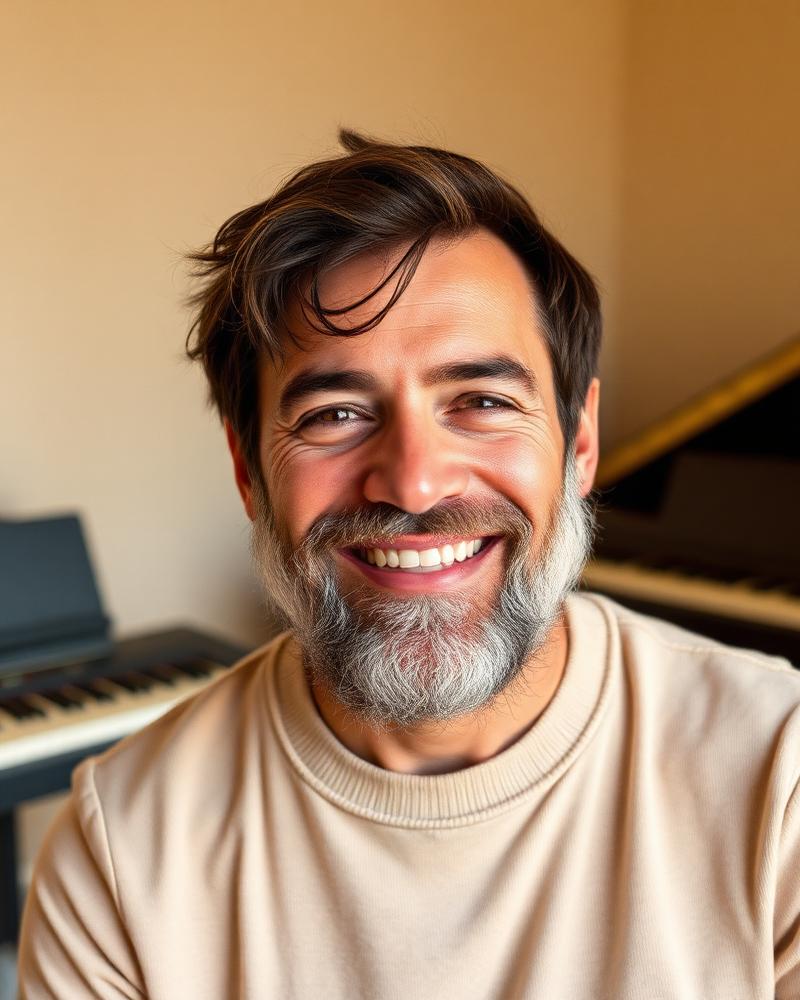 Marek Dąbrowski, vocal coach, smiling next to a grand piano